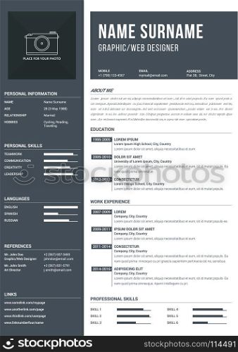 Resume Template. Modern a4 one page resume template with timelines for education and work experience, vector eps10 illustration
