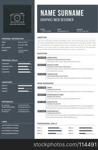 Resume Template. Modern a4 one page resume template with timelines for education and work experience, vector eps10 illustration