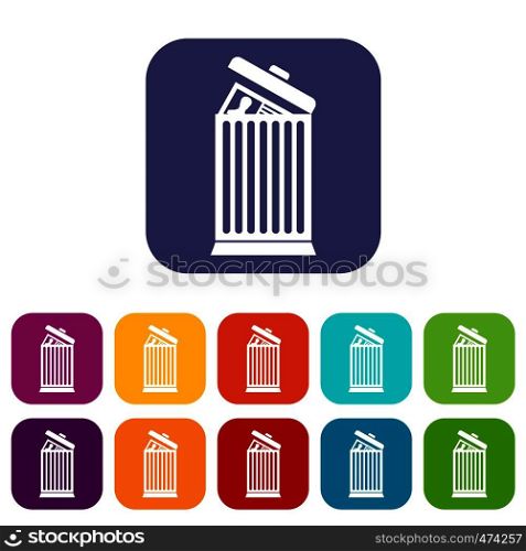 Resume thrown away in the trash can icons set vector illustration in flat style In colors red, blue, green and other. Resume thrown away in the trash can icons set