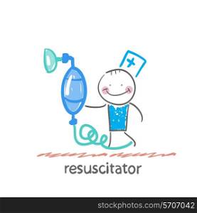 resuscitation with oxygen mask. Fun cartoon style illustration. The situation of life.