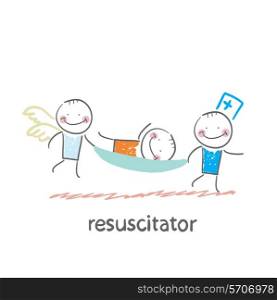 resuscitator carry on a stretcher patient. Fun cartoon style illustration. The situation of life.
