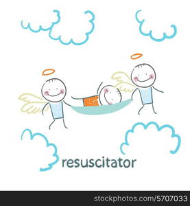 resuscitator carry on a stretcher patient. Fun cartoon style illustration. The situation of life.