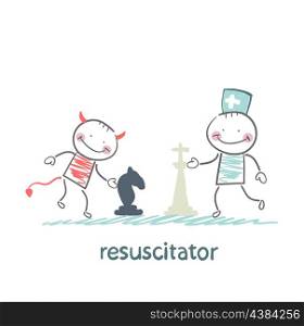 resuscitator carry on a stretcher patientresuscitator plays chess with the devil
