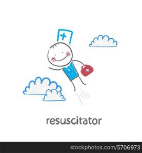 resuscitator flies to the patient. Fun cartoon style illustration. The situation of life.