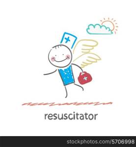 resuscitator flies to the patient. Fun cartoon style illustration. The situation of life.