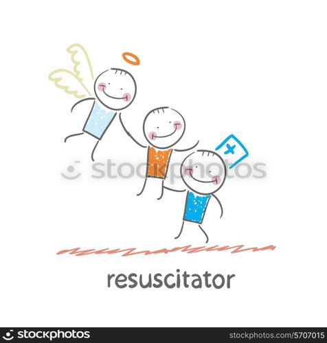 resuscitator keeps patients picking up Angel. Fun cartoon style illustration. The situation of life.