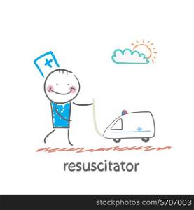 resuscitator played with toy ambulance. Fun cartoon style illustration. The situation of life.