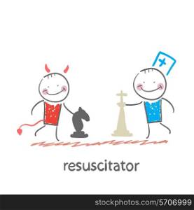 resuscitator plays chess with the devil. Fun cartoon style illustration. The situation of life.