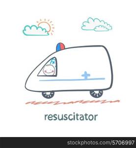 resuscitator rides in the ambulance. Fun cartoon style illustration. The situation of life.