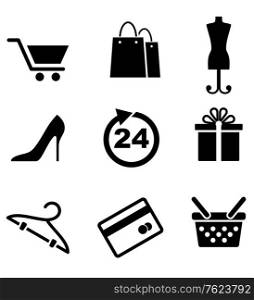 Retail and shopping icons depicting a shopping cart, bags, tailors dummy, stiletto shoe, dress size, gift, hanger, credit card and shopping bag