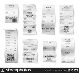 Retail bills. Check bill print, receipt of purchase or cafe. Isolated shopping paper receipts, store or restaurant invoice. Supermarket payments exact vector set. Illustration of paper receipt check. Retail bills. Check bill print, receipt of purchase or cafe. Isolated shopping paper receipts, store or restaurant invoice. Supermarket payments exact vector set