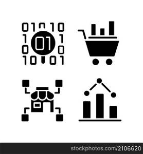 Retail data mining and analytics black glyph icons set on white space. Virtual marketing researching. Digital business tools. Shopping information. Silhouette symbols. Vector isolated illustration. Retail data mining and analytics black glyph icons set on white space