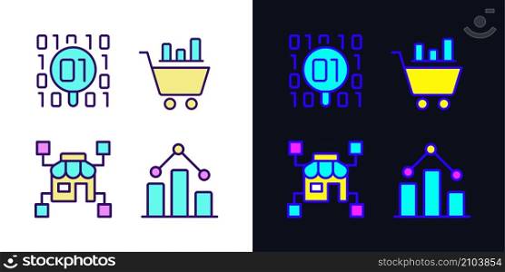 Retail data mining and analytics light and dark theme RGB color pixel perfect icons set. Virtual marketing researching. Digital business tool. Simple filled line drawings pack on white and black space. Retail data mining and analytics light and dark theme RGB color pixel perfect icons set