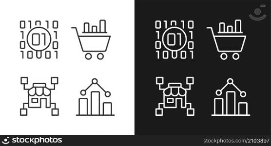 Retail data mining and analytics linear pixel perfect icons set for dark and light mode. Virtual marketing researching. Customizable thin line symbols. Isolated vector outline illustrations. Retail data mining and analytics linear pixel perfect icons set for dark and light mode