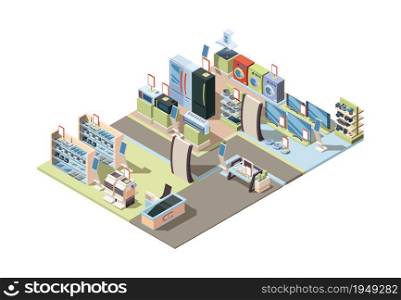 Retail electronics market. Isometric shop interior with appliances hardware tablets pc electrical technic vector. Illustration retail interior, vector isometric supermarket. Retail electronics market. Isometric shop interior with appliances hardware tablets pc electrical technic vector