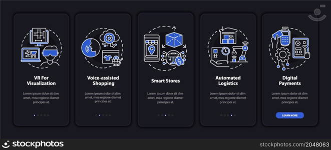 Retail market digital technology onboarding mobile app page screen. Business walkthrough 5 steps graphic instructions with concepts. UI, UX, GUI vector template with linear night mode illustrations. Retail market digital technology onboarding mobile app page screen