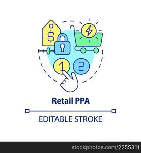 Retail PPA concept icon. Buy clean energy. Power purchase agreement definition abstract idea thin line illustration. Isolated outline drawing. Editable stroke. Arial, Myriad Pro-Bold fonts used. Retail PPA concept icon