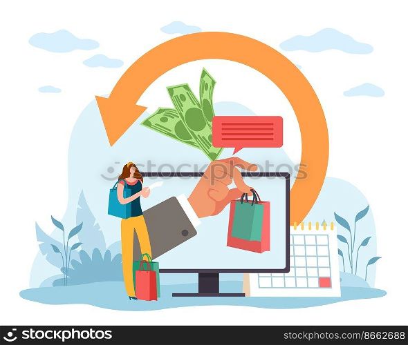 Retail process, exchange of goods for finance, cancellation of transaction using receipt and warranty card. Shopping process, tiny woman buying products in online shop. Vector cartoon flat concept. Retail process, exchange of goods for finance, cancellation of transaction using receipt and warranty card. Shopping process, tiny woman buying products in online shop. Vector concept