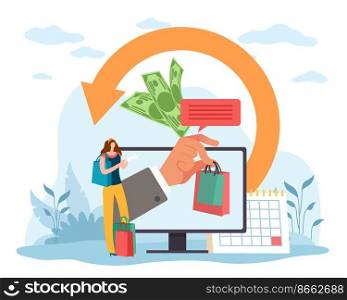 Retail process, exchange of goods for finance, cancellation of transaction using receipt and warranty card. Shopping process, tiny woman buying products in online shop. Vector cartoon flat concept. Retail process, exchange of goods for finance, cancellation of transaction using receipt and warranty card. Shopping process, tiny woman buying products in online shop. Vector concept