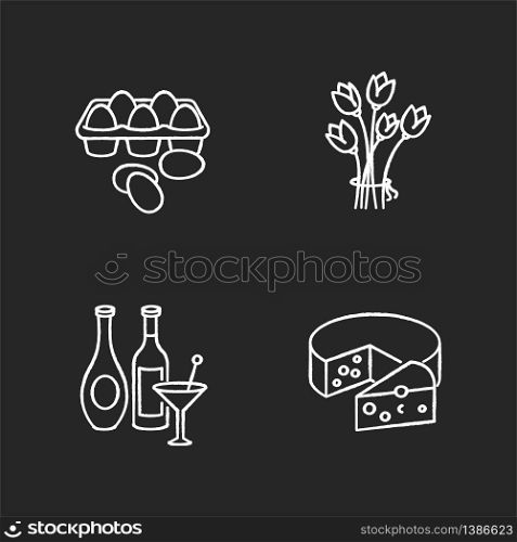 Retail products chalk white icons set on black background. Fresh chicken eggs in tray. Flower bouquet. Alcoholic beverages. Wine in bottles, spirits in glass. Isolated vector chalkboard illustrations. Retail products chalk white icons set on black background