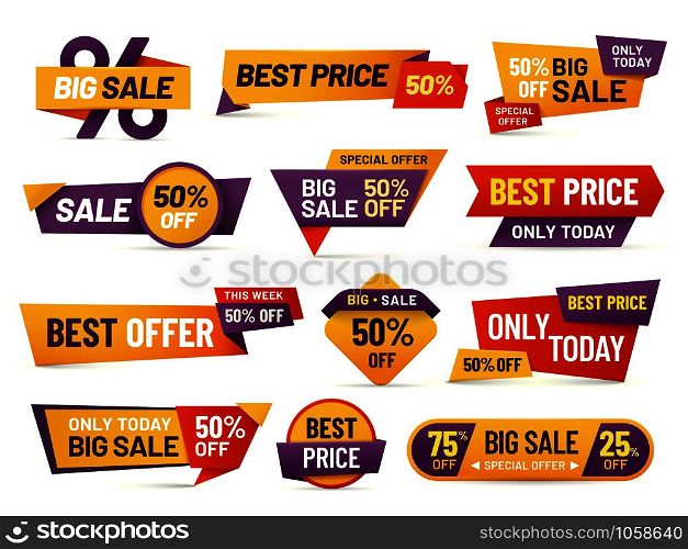 Retail sale tags. Cheap price flyer, best offer price and big sale pricing tag badge design. Limited sales offer label or store discount banner card isolated vector icons collection. Retail sale tags. Cheap price flyer, best offer price and big sale pricing tag badge design isolated vector collection
