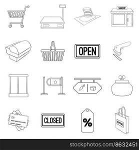 Retail set icons in outline style isolated on white background. Retail icon set outline