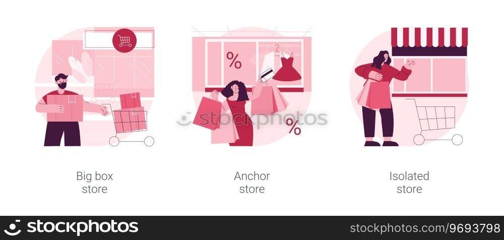 Retail shop abstract concept vector illustration set. Big box, anchor and isolated store, superstore, shopping center, department store, big retailer, fashion outlet, customer abstract metaphor.. Retail shop abstract concept vector illustrations.