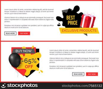 Retail shop promo poster with sale badge emblem, super discounts on popular goods vector landing page template. Advertising with balloon and gift boxes. Retail Shop Promo Poster with Sale Badge Emblems