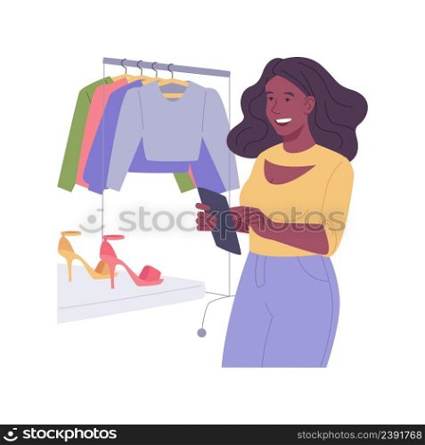 Retail software isolated cartoon vector illustrations. Smiling salesperson with tablet standing in fashion boutique, using retail app for inventory management, trade profession vector cartoon.. Retail software isolated cartoon vector illustrations.
