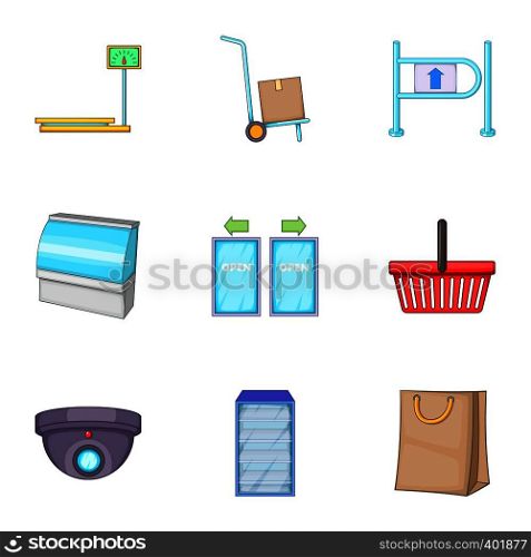 Retail store equipment icons set. Cartoon illustration of 9 retail store equipment vector icons for web. Retail store equipment icons set, cartoon style