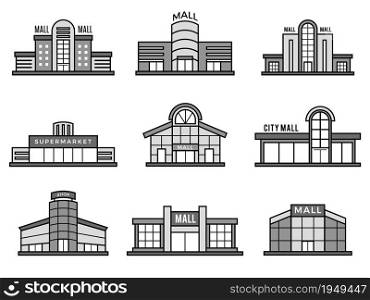 Retail stores symbols. Supermarket icons shopping mall facade building exterior structure monochrome recent vector pictures. Facade retail, supermarket and store, shop architecture illustration. Retail stores symbols. Supermarket icons shopping mall facade building exterior structure monochrome recent vector pictures