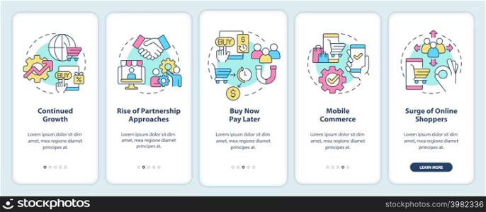 Retail strategy trends onboarding mobile app screen. Trade tendencies walkthrough 5 steps graphic instructions pages with linear concepts. UI, UX, GUI template. Myriad Pro-Bold, Regular fonts used. Retail strategy trends onboarding mobile app screen