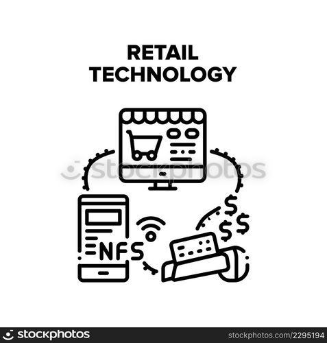 Retail Technology Vector Icon Concept. Smartphone Nfc System And Pos Terminal Retail Technology For Paying Contactless Card And Mobile Phone. Computer Online Choose Goods And Order Black Illustration. Retail Technology Vector Black Illustration