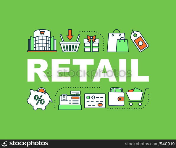 Retail word concepts banner. Merchandise. Making purchases. Shopping. Isolated lettering typography idea with linear icons. Marketing. Commercial industry. Vector outline illustration. Retail word concepts banner