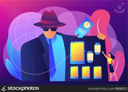 Retailer in raincoat sells digital devices to customer, tiny people. Gray market, electronics parallel market, illegal commercial channel concept. Bright vibrant violet vector isolated illustration. Gray market concept vector illustration.