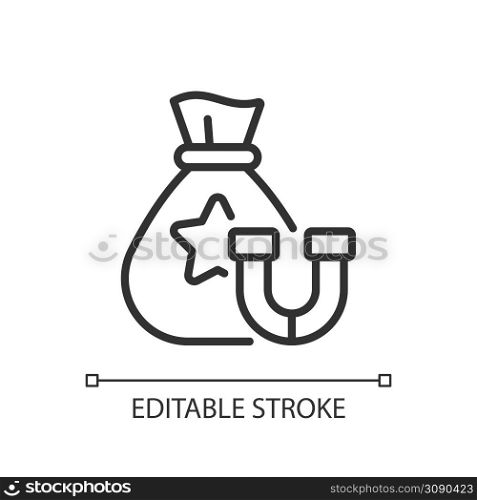 Retention bonus pixel perfect linear icon. Employee engagement. Targeted payment. Retention package. Thin line illustration. Contour symbol. Vector outline drawing. Editable stroke. Arial font used. Retention bonus pixel perfect linear icon