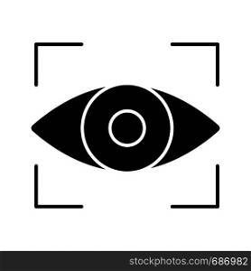 Retina scan glyph icon. Iris recognition. Eye scanning. Silhouette symbol. Biometric identification. Optical recognition. Negative space. Vector isolated illustration. Retina scan glyph icon