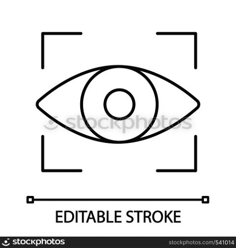 Retina scan linear icon. Iris recognition. Eye scanning. Thin line illustration. Biometric identification. Optical recognition. Contour symbol. Vector isolated outline drawing. Editable stroke. Retina scan linear icon
