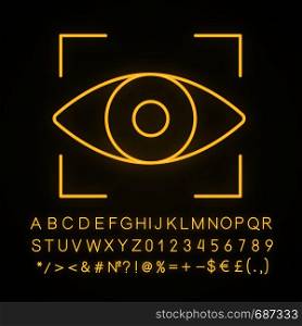 Retina scan neon light icon. Iris recognition. Eye scanning. Glowing sign with alphabet, numbers and symbols. Biometric identification. Optical recognition. Vector isolated illustration. Retina scan neon light icon