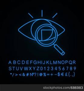Retina scan neon light icon. Iris recognition. Glowing sign with alphabet, numbers. Eye scanning. Biometric identification. Optical recognition. Vision diagnostic. Vector isolated illustration. Retina scan neon light icon
