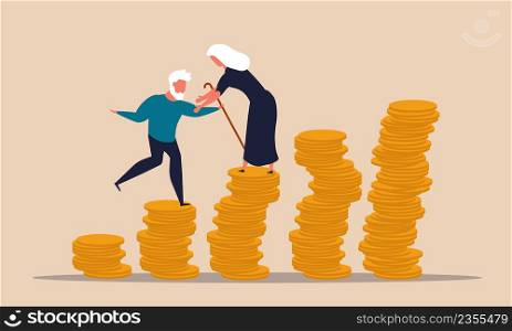 Retire money plan for age senior and financial income pension. Older people support for wealth vector illustration concept. Old woman and man with business tax. Superannuation and increase balance