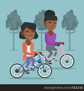 Retired african-american women riding bikes in the park. Senior women riding bicycles in the park. Active senior women enjoying walk with bicycles. Vector cartoon illustration. Square layout.. Retired african women riding bicycles in park.