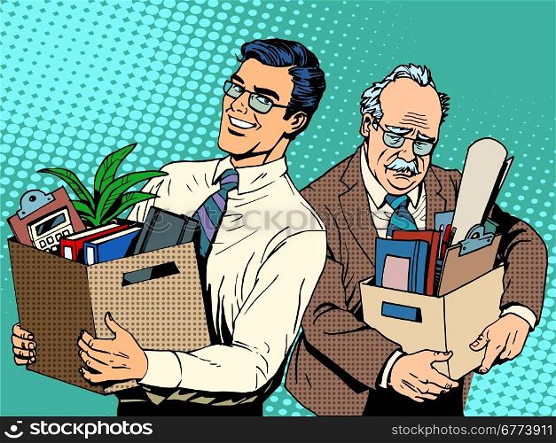 Retired business concept job search and dismissal pop art retro style. Young managet comes to the office at workplace old man. Happy and sad people. Retired business concept job search and dismissal