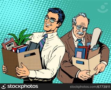 Retired business concept job search and dismissal pop art retro style. Young managet comes to the office at workplace old man. Happy and sad people. Retired business concept job search and dismissal