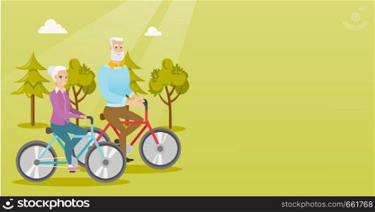 Retired caucasian couple riding bikes in the park. Senior man and woman riding bicycles in the park. Active senior couple enjoying walk with bicycles. Vector cartoon illustration. Horizontal layout.. Happy senior couple riding on bicycles in park.