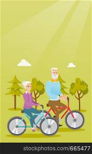Retired caucasian couple riding bikes in the park. Senior man and woman riding bicycles in the park. Active senior couple enjoying walk with bicycles. Vector cartoon illustration. Vertical layout.. Happy senior couple riding on bicycles in park.