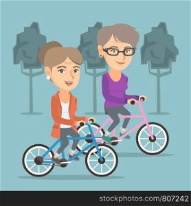 Retired caucasian women riding bikes in the park. Senior women riding bicycles in the park. Active senior women enjoying walk with bicycles. Vector cartoon illustration. Square layout.. Retired caucasian women riding bicycles in park.