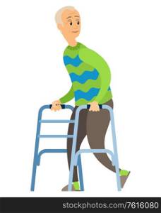 Retired grandparent vector, isolated person using stick, disabled walker. Senior character looking back with smile, active aged male in green sweater. Old Disabled Man with Paddle Walker, Happy Veteran