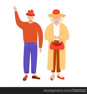 Retired people flat vector illustration. Senior age family. Elderly man waving. Old couple in outerwear. Pensioners isolated cartoon character on white background