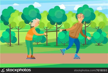 Retired people having fun in park vector, man and woman rolling and using wooden walking stick, senior couple activities in forest with trees character. Old People Couple Man and Woman Rolling in Park